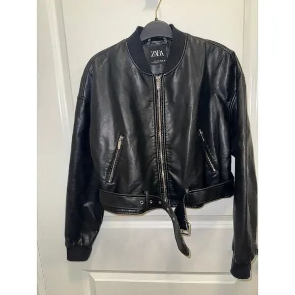 Zara Faux Leather Cropped Bomber Jacket Women Black Belted Moto Style - Picture 10 of 17